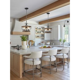 12 Inch Farmhouse Wood Chandelier Light Fixture, 3-Light French Country Rustic Industrial Drum Hanging Pendant Lighting Over Table for Kitchen Island Dining Room Entryway