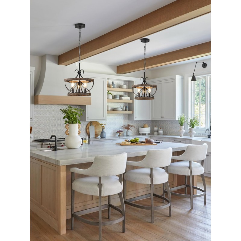 12 Inch Farmhouse Wood Chandelier Light Fixture, 3-Light French Country