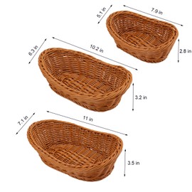Yarlung Set of 3 Oval Woven Breads Baskets, Small Stackable Poly Wicker Fruit Baskets for Serving Vegetables, Kitchen, Restaurant, Outdoor, Imitation Rattan Brown, 3 Sizes
