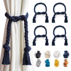 Yteseery 4 Pack Navy Blue Outdoor Curtain Tiebacks Rope, Natural Cotton Curtain Holders, Village Rural Rustic Curtain Holdbacks, Farmhouse Nautical Curtain Rope Tie Back for Drapery Patio