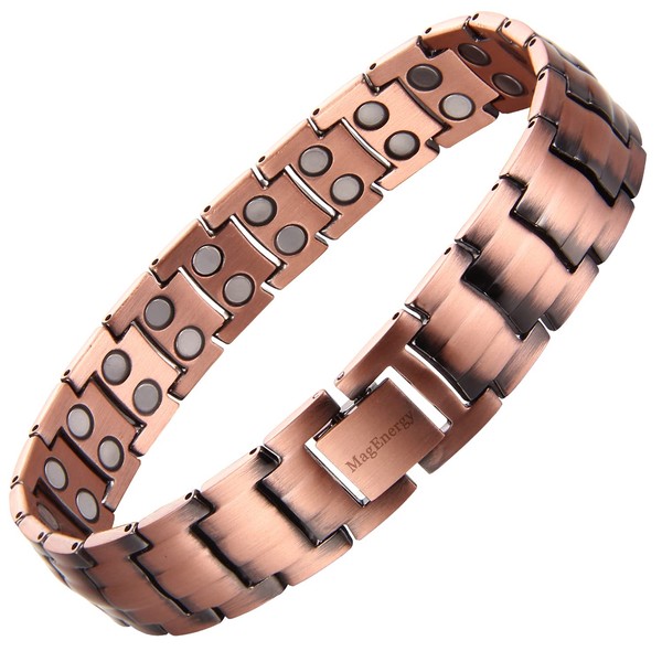 MagEnergy Mens Copper Magnetic Bracelets 9" Link Adjustable 99.9% Pure Copper with Double Raw 3500 Gauss Magnets Jewelry Gifts (Sizing Tool)