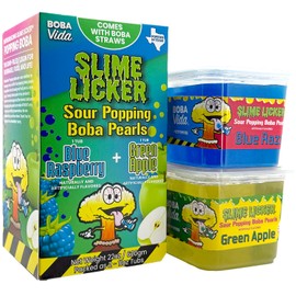 BOBAVIDA Slime Licker Blue Raspberry & Green Apple Sour Popping Boba Pearls, No Corn Syrup Fruit, For Drinks & Desserts, Includes Straws, 1 Flavor Each, 2 Tubs