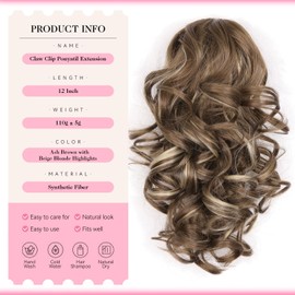 Clip on Ponytails for Women - 12 Inch Curly Ponytail Extension, Wavy Pony Tails Hair Extensions, Synthetic Hair Extensions Ponytail, Clip in Ponytail (Color: Ash Brown with Beige Blonde Highlights)