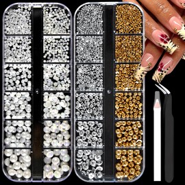 2Boxes Half Round Flatback Pearl Nail Charms Gold Silver Half Round Pearls Nail Rhinestones White Beige Caviar Beads Nails Gems with Pencil and Tweezer for DIY Nail Art, Face Makeup and Crafting