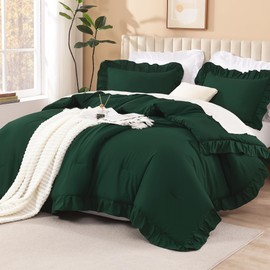 Litanika Dark Emerald Green King Comforter Set, 3 Pieces Boho Vintage Solid Forest Ruffle Bedding Set, All Season Lightweight Bed Set (104x90In Comforter & 2 Pillowcases)