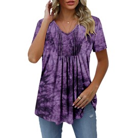 onlypuff Womens Short Sleeve Tops Pleated Button Down Blouse Dressy Flowy V Neck Henley T-Shirts
