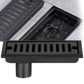 Rectangle Floor Drain, 20x10cm Black Stainless Steel Floor Drain Odor Trap Floor Drain Shower with Double Filter for Toilet Bathroom Drainage Kitchen Balcony