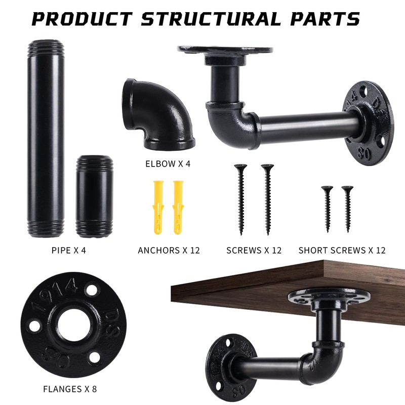 HBLYJS L-Shaped Industrial Pipe Shelf Brackets, Black Metal Wall-Mounted Floating