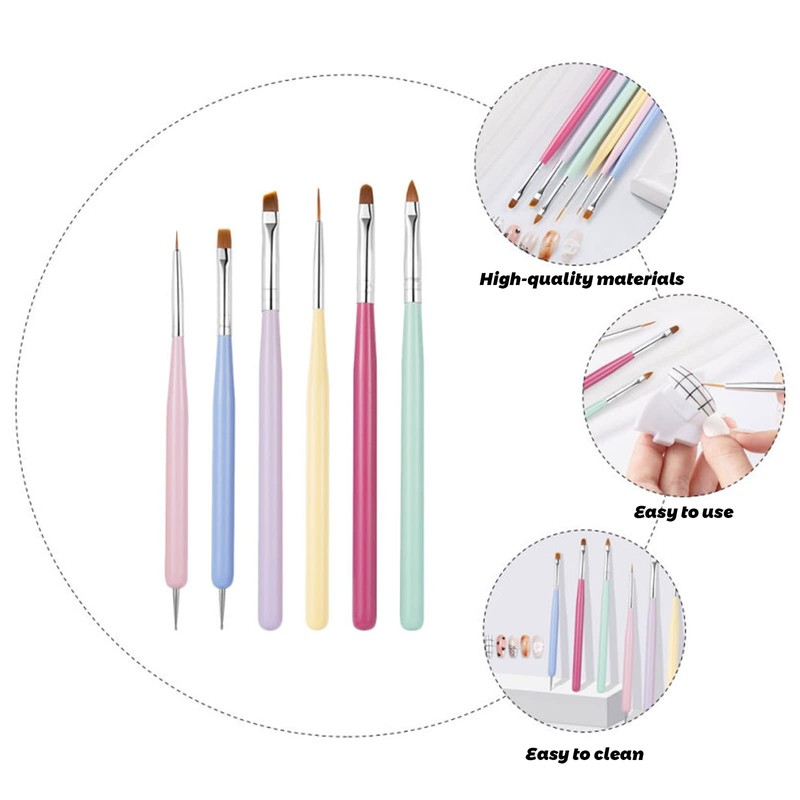 Nail Brushes, Set of 6, Ultra Fine Liner, Flat Brush,