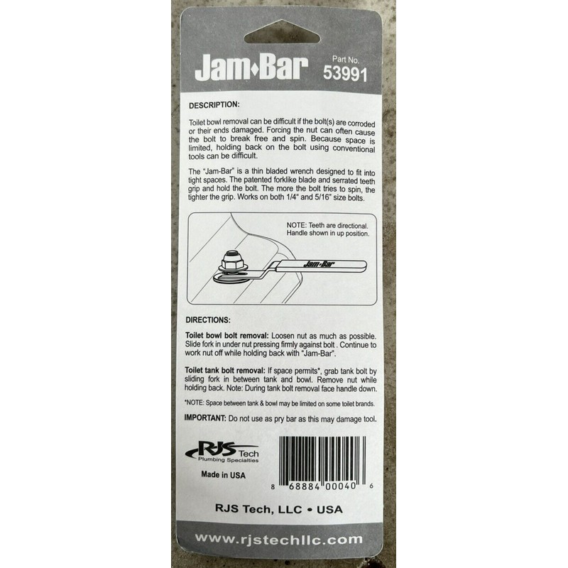 RJS Tech Jam-Bar Toilet Bolt Lock Wrench NEW - Plumbing