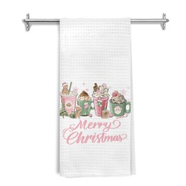 Ghoaoivo Pink and Green Christmas Gingerbread Coffee Kitchen Dish Towels, Gifts for Coffee Lovers, Preppy Pink Merry Christmas Hand Tea Towels for Kitchen Cafe Bar Decor, 16x24 Inch