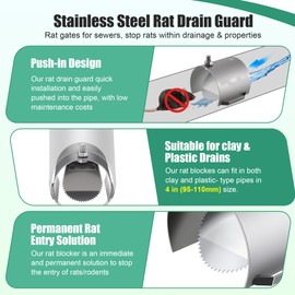 Stainless Steel Rat Drain Guard, Heavy Duty 304 Steel Rat Blocker for Sewers, Non Return, Fit Universal Drains (95-110mm, 4'') for Outdoor, Sewers, Basement, Rats & Mice Prevention for Drains