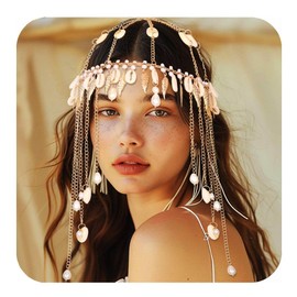CAKURE Boho Seashell Head Chain Cap Gold Tassel Headpiece Cap Chain Beach Fesitval Hair Accessories for Women