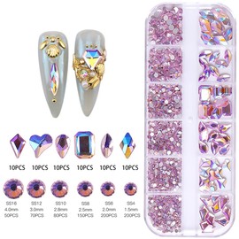 BELICEY Pink Crystal Nail Rhinestones Round Beads Flatback Shiny AB Glass Gems Stones Multi Shapes Sizes Gold Rhinestones Nail Crystals for Nail DIY Crafts Clothes Shoes Jewelry