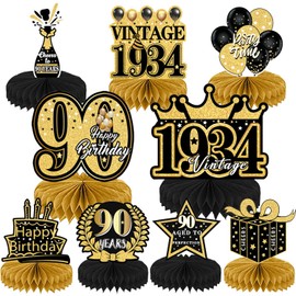 Refavor 90th Birthday Decorations - 9PCS 90th Birthday Party Decorations for Men Women Black Gold 90th Birthday Party Decor Happy 90 Years Old Party Vintage 1934 Honeycomb Centerpiece Table Decoration