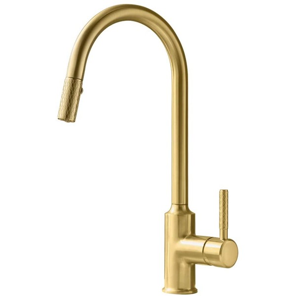 TURS Gold Kitchen Faucets with Pull Down Sprayer Single Lever All Brass Brushed Gold Kitchen Sink Mixer with Retractable Pull-Out Wand, FK002LG