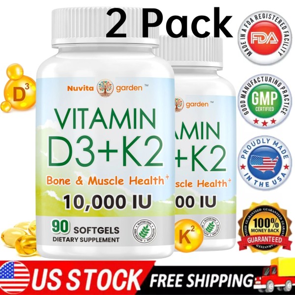 (2 PACK) Vitamin D3 K2 10000iu 3 Month Supply for