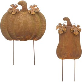 FRANK FLECHTWAREN Autumn stake pumpkin, set of 2, metal, rust look, dimensions: 10 x 24 cm, 17 x 25 cm, trendy garden, balcony decoration, versatile