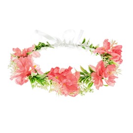 Accesyes Hawaii Hydrangea Headband Boho Green Leaves Floral Woodland Headpiece Flower Hair Wreath for Women Garland with Ribbon Wedding Party Festival Photo Prop (Pink, One size)