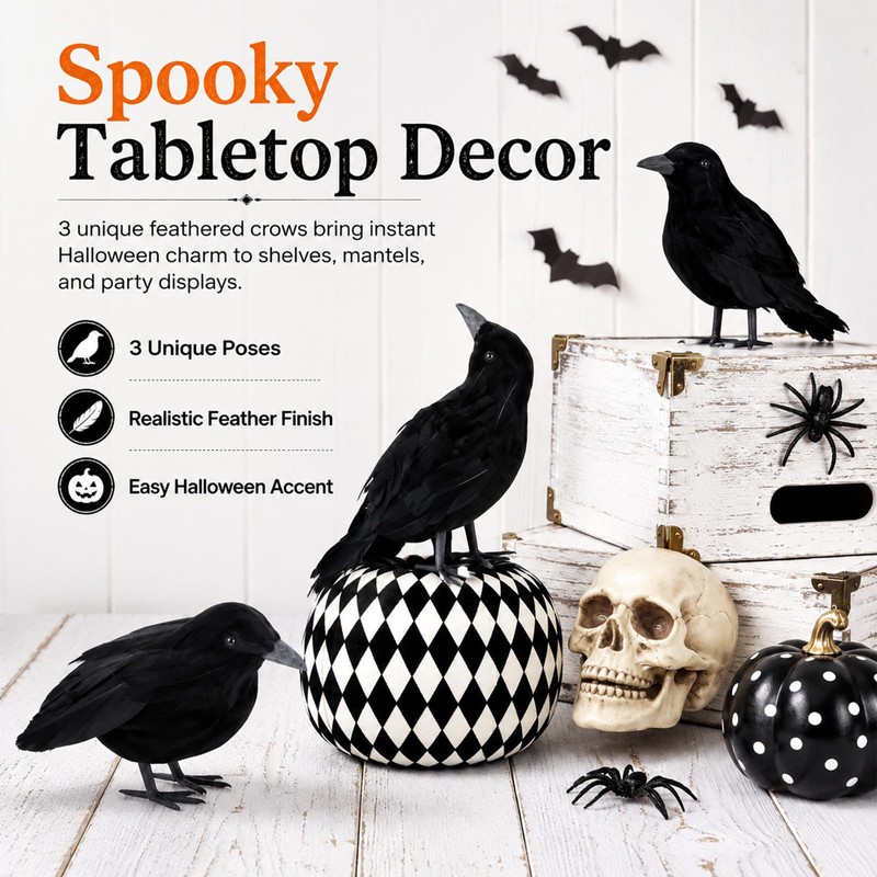KTJEGE 3 Pack Artificial Feathered Halloween Crows,Black Realistic Raven