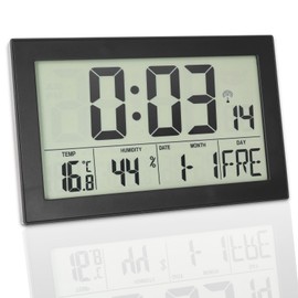 Crosstime Radio-Controlled Digital Clock with Temperature Display and Humidity Display, Digital Wall Clock Radio with Backlight, Black, 20.1 x 12.4 cm
