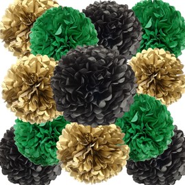 12pcs Black Dark Green Gold Paper Pom Poms Decorations for Party Ceiling Wall Hanging Tissue Flowers Pompon Decorations - 12 Inch, 10 Inch