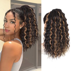 QGZ Ponytail Extension Drawstring Ponytail for Black Women 18 Inch Synthetic Long Afro Curly Fluffy Ponytail for Daily Use(Dark Brown with Golden Blonde Highlights)