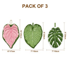 HJUHBDJ 3-Pack Leaf Shaped Hanging Kitchen Towels, Cute Coral Fleece Tropical Plant Hand Towel Set for Bathroom and Living Room Decor, Absorbent (Green, Pink, White)