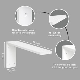 Countertop Support Bracket 12 Inch 3 Pack 3/8" Thick White Heavy Duty Granite Support Bracket 12"x6"x2.5" L Shape Iron Metal Support for Granite Quartz Wood Laminate Countertops