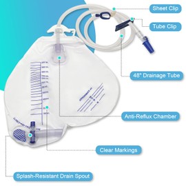GlobalRoll Urinary Drainage Bag with Anti-Reflux Chamber, Urine Bag with 2000 mL Volume, 48" Drainage Tube, Clips and Hanging Hook, Professional Urinary Bag for Home and Hospitals Health Aids, 5 Pack