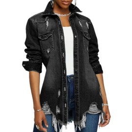 CHBAZH Black Denim Jacket for Women Oversized Fashion Long Sleeve Distressed Jean Trucker Jackets(Black,L)