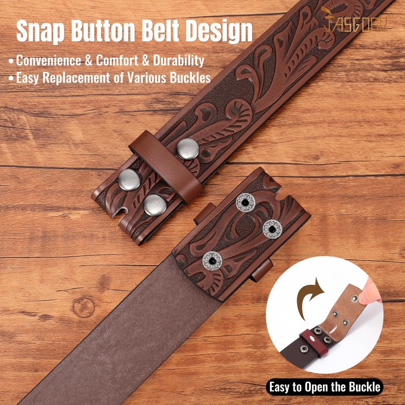 JASGOOD Men's Western Leather Belt Strap Engraved Cowboy Belt without
