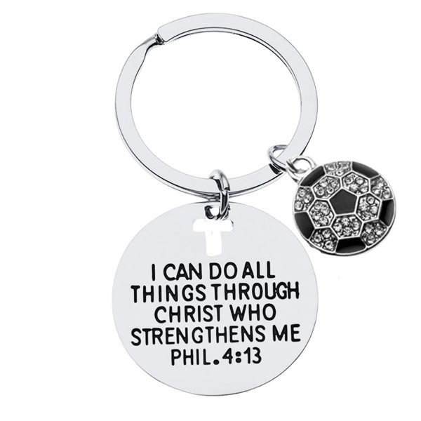 Soccer Rhinestone Charm Keychain, Christian Faith Charm Keychain, I Can
