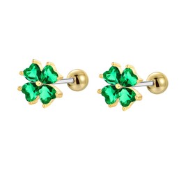20g Green Clover CZ Flower Screw Back Small Stud Earrings for Women Cartilage Dainty Lucky Love Heart Crystal Leaf Hypoallergenic Piercing Tiny Sleeper Studs Earring Fashion Jewelry Gifts 8*8mm (Gold Green CZ)
