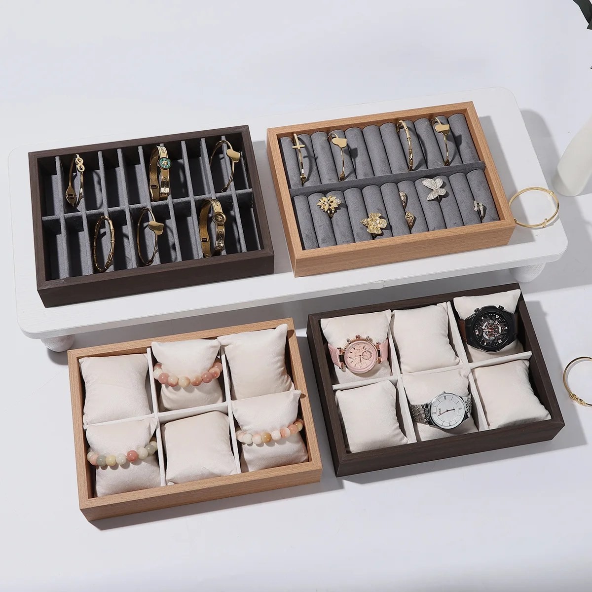Vellure Jewelry Organizer Drawer – Wooden Velvet Tray for Bracelets and Watches, Dresser Storage and Display