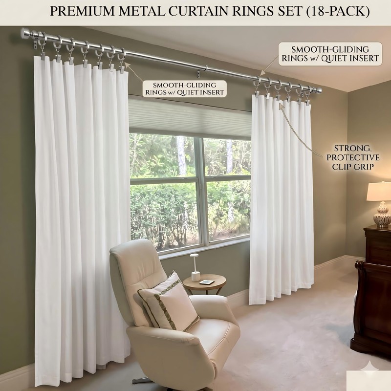 18 Pack Heavy Duty Polished Nickel Curtain Rings with Quieter