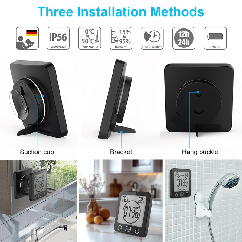 YiChZhe Bathroom Alarm Clock Bath Timer Waterproof Digital Bathroom Clock