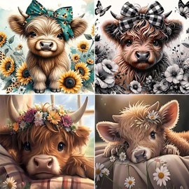 Paint by Numbers for Adults and Kids Beginner, 4 Pack Cow Painting by Number Kits On Canvas, Number Artist Paint by Number Kit DIY Oil Painting Acrylic Paints, Home Wall Decor 10x10in