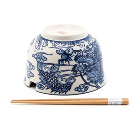 Happy Sales HSRB-LGDRGB, Multi Purpose 6.25" D Large Ramen Udon Soba Pho Noodle Donburi Rice Tayo Bowl with Chopsticks, Royal Dragon