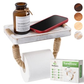 Perfeso.L Farmhouse Toilet Paper Holder with Shelf Large – Rustic Coastal Nautical Rope Wooden Farmhouse Bathroom Decor Unique Towel Rack Tissue Roll Holder White