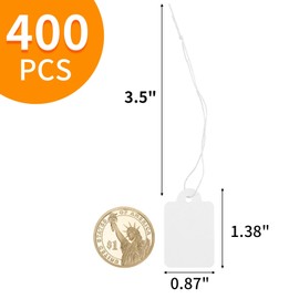 400 Pcs Price Tags with String Attached, 1.38" x 0.87" White Paper Hang Tags, Marking Strung Writable Garage Yard Tags, Display Label for Jewelry, Clothing, Retail, Labeling, Gift