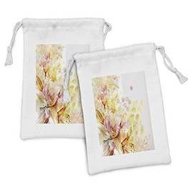 Ambesonne Shabby Flora Fabric Pouch Set of 2, Watercolored Lilies Flowers Buds Leaves Colored Marks Artwork, Small Drawstring Bag for Toiletries Masks and Favors, 9" x 6", Pale Pink Peach