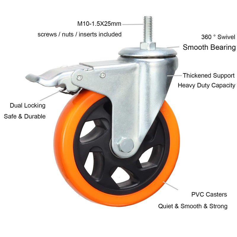 Heavy Duty Stem Caster Wheels M10-1.5X25mm Dual Locking No Noise