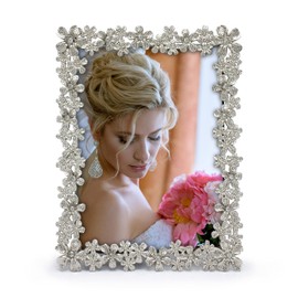 MIMOSA MOMENTS Flora Style Metal Picture Frame with Rhinestones Décor (Silver, 5x7)