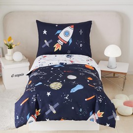 STYHO Space Toddler Bedding Reversible Planets Rockets Printed Cot Bed Bedding Set for Boys Girls Cartoon Dark Blue Outer Space Duvet Cover for Toddler Bed(Dark Blue, Cot Bed)