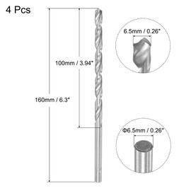 sourcing map 6.5mm Twist Drill Bits, High-Speed Steel Straight Shank Extra Long Drill Bit 160mm Length for Wood Plastic Aluminum, 4pcs