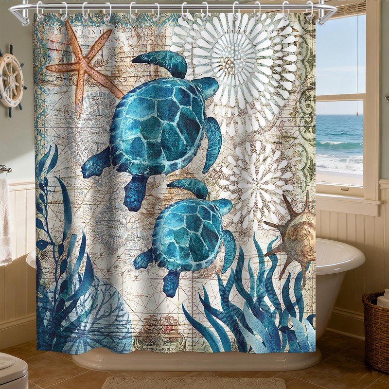 Final Friday Nautical Shower Curtain Teal Sea Turtles Theme Fabric