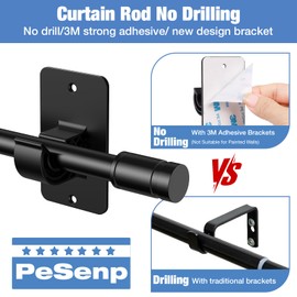 PeSenp 2 Pack Black Curtain Rods No-Drilling for Windows 28 to 41 Inch - 5/8" Diameter Adhesive Curtain Rod, Splicing Drapery Rod Set with Renter Friendly Adhesive Brackets (Size: 32" - 47")