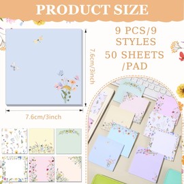 Saypacck 9 Pads Cute Sticky Notes Cartoon Self Stick Notepads 3x3 Inches Notes Adhesive Memo Pad Office Decor Gifts for Students School Teacher Office Meeting(Wildflower)