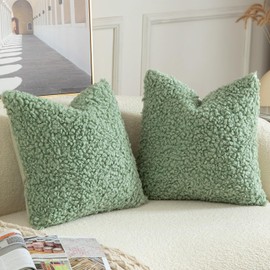 YAERTUN Pack of 2 Faux Fur Cushion Covers Decorative Sherpa Boucle Throw Pillow Covers Fuzzy Soft Sheepskin Fleece Pillowcases for Couch Sofa Bed Living Room 24x24 Inch 60x60cm Sage Green